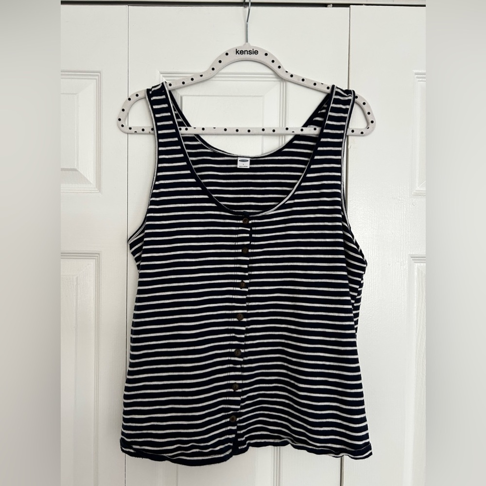 Old Navy button up tank top-navy blue and white with brown buttons (size L)